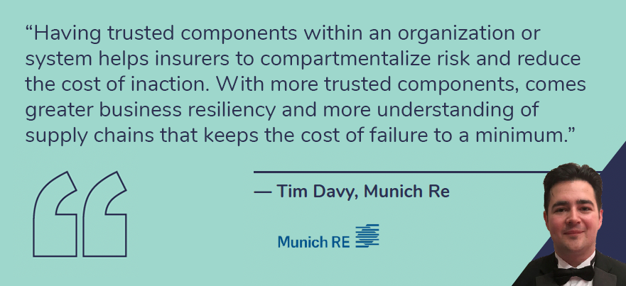 Tim Davy from world-leading cyber re-insurance company Munich Re highlights the role of trusted components in building assurances and allowing insurers to quantify risk.